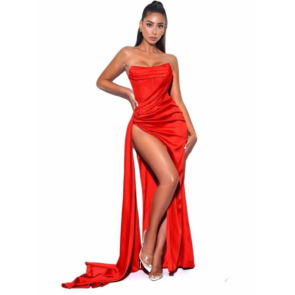 NEW MISS CIRCLE satin crystalized strapless formal gown with high slit in red